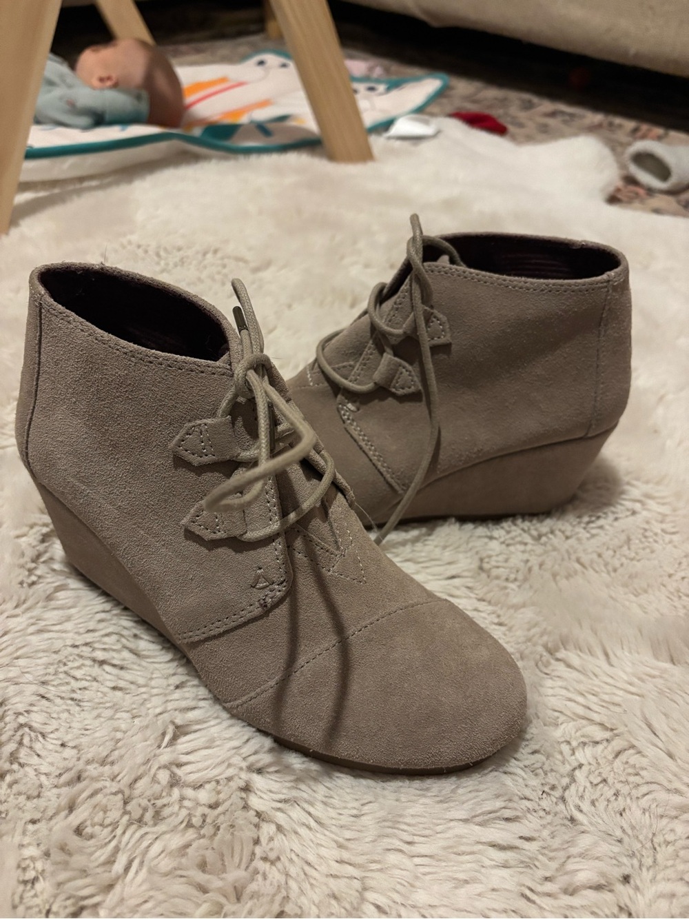 Toms Taupe Lace-Up Suede Wedge Booties